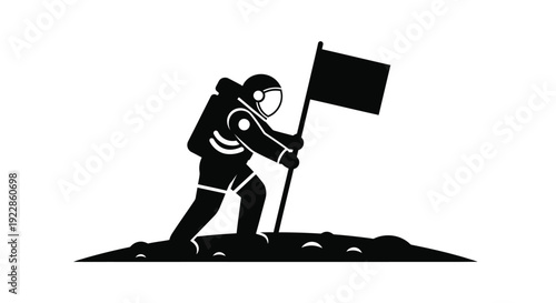 Astronaut planting a flag on a dark textured planetary surface