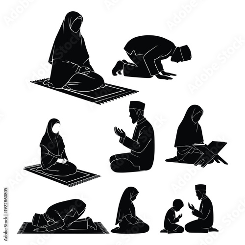 Collection of Muslim People Silhouette in Praying and Worship Poses
