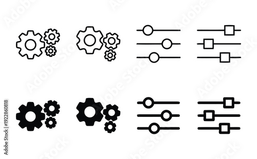 Settings and options icons set, outline and filled gear wheels, sliders, and toggles for ui design