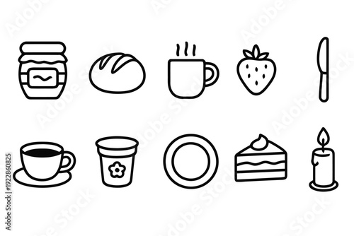 Simple line art icons representing breakfast items and sweet treats