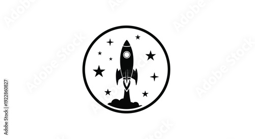 A black rocket ship launching into space within a circular emblem