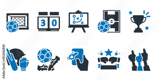Soccer sports icons including goal, scoreboard, tactics board, field, trophy, helmet, cleats and whistle