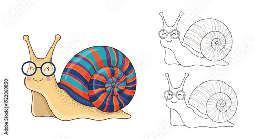 Cute cartoon snail with glasses and a colorful spiral shell shown next to black and white line art versions for coloring.