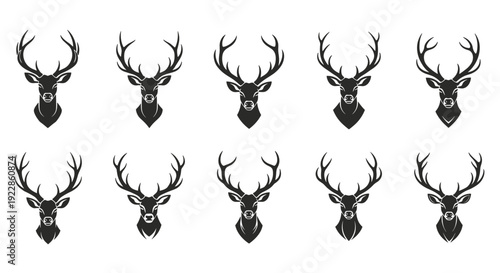 Set of symmetrical black deer head silhouettes with varied antler designs representing different species of stags and bucks.