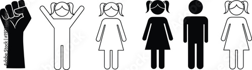 Set of black and white icons featuring female figures and a raised fist for women empowerment gender equality and social justice