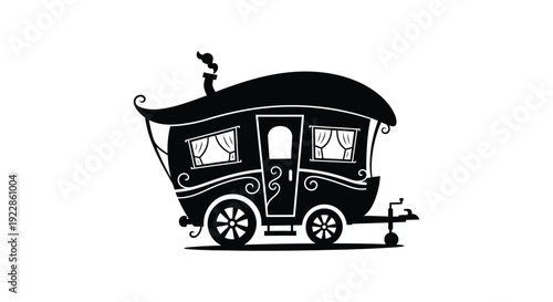 Stylized black and white illustration of a vintage gypsy caravan trailer