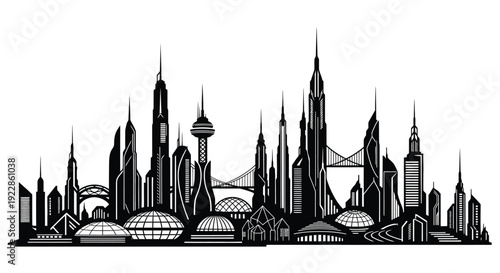 A striking black and white illustration of a modern cityscape skyline