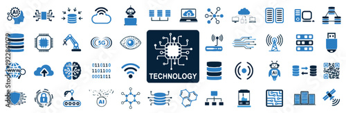 Technology icons for digital innovation including AI processor cloud computing and network