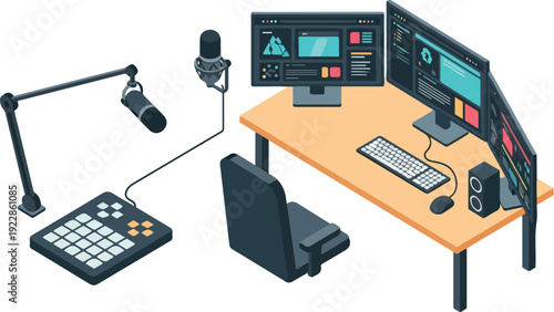 A recording studio setup with a microphone, computer, and audio equipment on a desk, showcasing a professional audio production environment from a straightforward viewpoint.