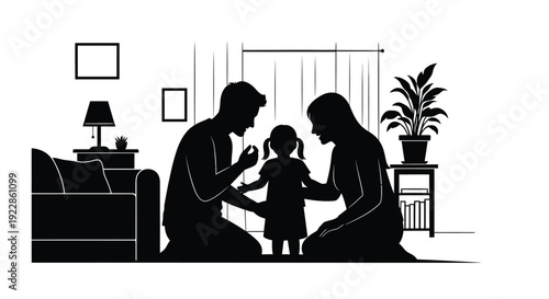 A silhouetted family interacts lovingly in a simple modern living room