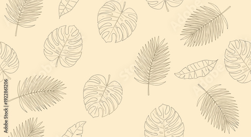 Minimalist seamless pattern featuring line art illustrations of tropical palm and monstera leaves on a warm beige background.
