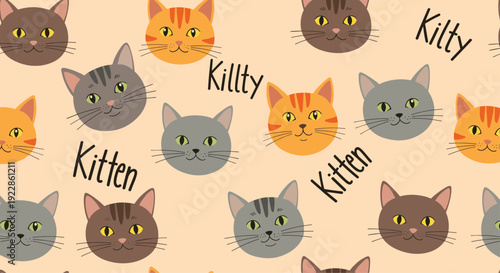 Adorable seamless background with various colorful cat faces and kitten text on a warm peach background for pet lovers.