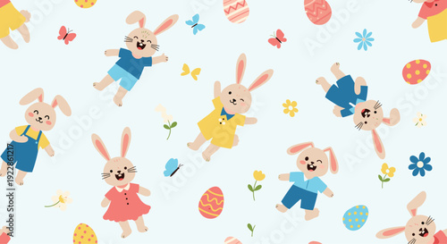 Joyful seamless pattern with cute easter bunnies, decorated eggs, butterflies, and flowers on a light blue background.