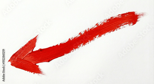 Abstract red arrow painted with brush strokes pointing downwards on a white background
