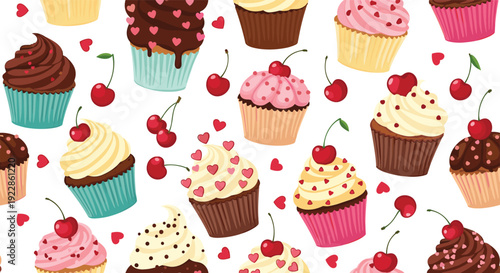 Delightful seamless pattern with a variety of colorful cupcakes decorated with hearts and cherries on a white background.