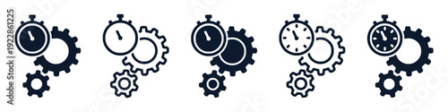 Time and gear icons representing productivity and efficiency on white background