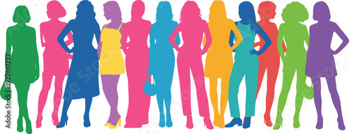 Colorful silhouettes of women in various poses and outfits diverse group