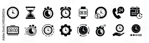 Time and clock related icons including alarm clock, stopwatch, and calendar for time management