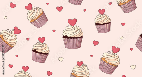 Sweet seamless pattern featuring pink frosted cupcakes with heart toppers and scattered hearts on a light pink background.