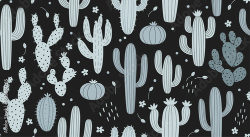 Detailed seamless pattern with various cacti, succulents, and small flowers in shades of blue on a black background.