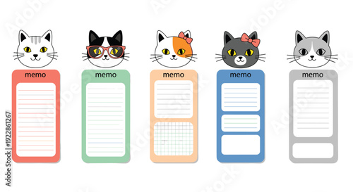 Colorful set of five cat themed memo pads with different cat faces and accessories for organization and notes.