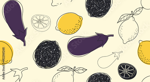 Unique seamless pattern featuring purple eggplants, yellow lemons, and dark sketched circles on a cream background.