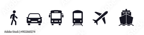 Transportation icons for various travel modes, people and vehicles, silhouette style