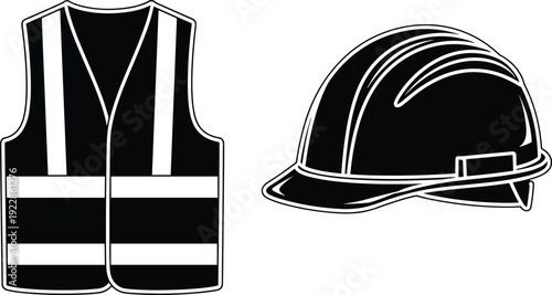 Construction safety vest and hard hat helmet protective equipment worker gear industrial protection vector illustration isolated set