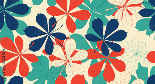 Vibrant seamless pattern with colorful chestnut leaves in red, blue, and teal on a light cream background for autumn.