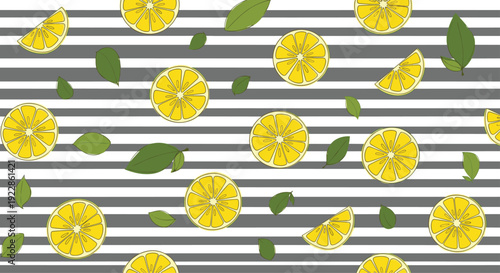 Stylish seamless pattern featuring bright yellow lemon slices and green leaves scattered over horizontal dark gray and white stripes.