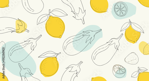 Interesting seamless pattern of whole yellow lemons and eggplant outlines with soft blue and yellow abstract shapes on a light base.