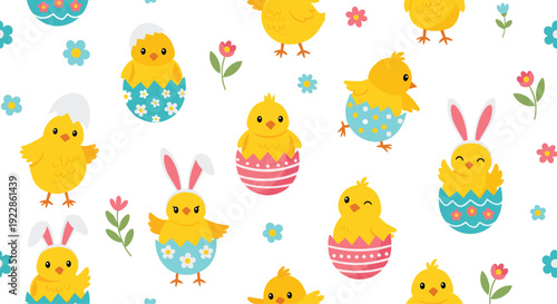 Playful seamless pattern with several different cute yellow chicks in decorated eggs, some with bunny ears, on a white background.