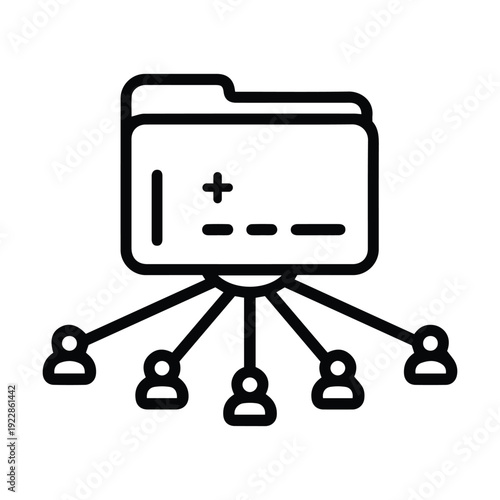 Minimalist black and white line art icon representing a shared folder connected to multiple users for collaborative file management and distribution.