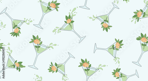 Unique seamless pattern showing green martini glasses filled with liquid and garnished with orange flowers on a pale blue background.