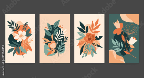 Set of four vertical abstract botanical art posters with flowers, leaves, and organic shapes in warm earthy and teal tones.