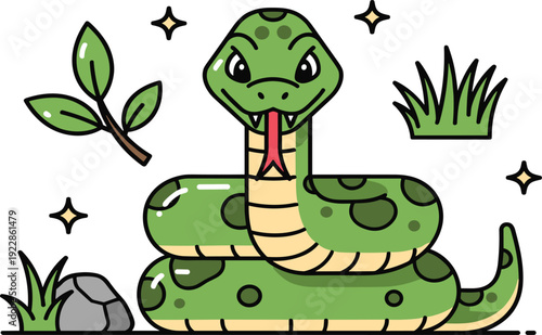 Cute Green Snake Cartoon Character Vector Set with Coiled Serpent Flickering Tongue Grass and Stars Isolated on White Background