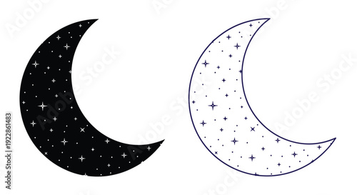 Two crescent moons depicted with contrasting dark and light tones sprinkled with stars