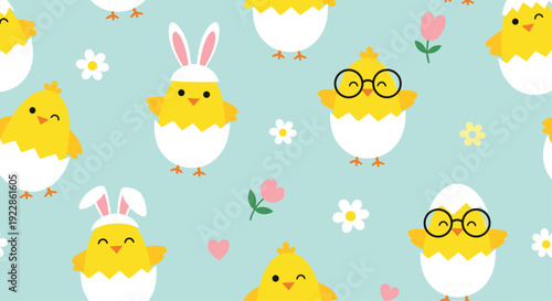 Adorable easter seamless pattern with yellow chicks in white eggshells wearing bunny ears and glasses on a light blue background.