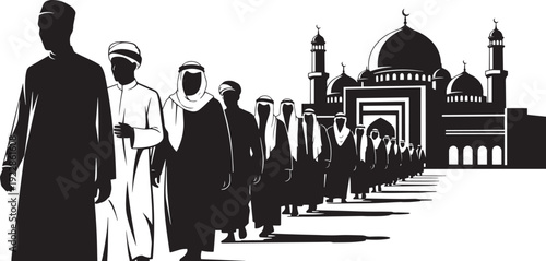 Muslim men walking to mosque for prayer vector illustration group of people in traditional clothes entering building silhouette islamic architectural landmark with domes and minarets religious scene