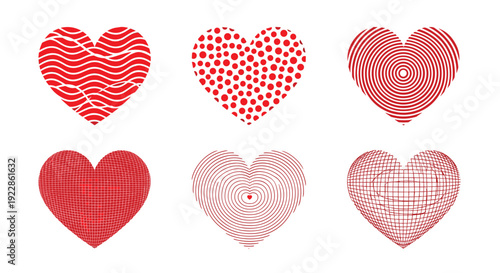Collection of six red hearts decorated with various geometric patterns including waves, dots, spirals, and grids on a white background.