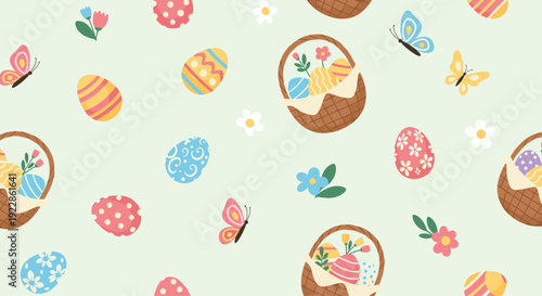 Charming easter seamless pattern with wicker baskets filled with colorful eggs, flying butterflies, and small flowers on light green.