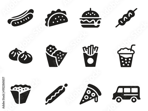 Variety of street food and snack icons including burgers tacos pizza and drinks