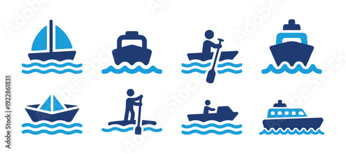 Water transportation icons showing various boats and vessels on wavy water surface for travel and leisure activities