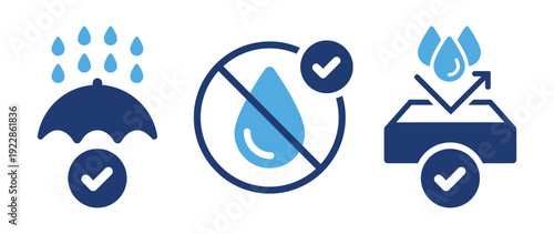 Waterproof and water resistant icons with checkmarks for protection and proof.