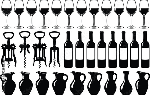 Wine glasses and bottles silhouettes vector set, corkscrew and ceramic jug collection, black flat design bar accessories illustration isolated