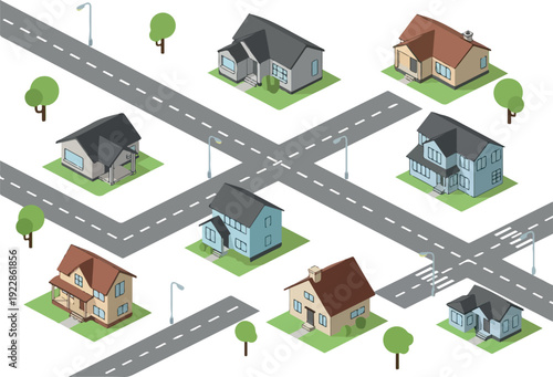 Aerial view of a neighborhood with houses and roads intersecting in a grid pattern