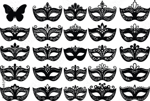 Venetian carnival mask silhouettes vector set, ornate masquerade face masks collection, decorative black flat design elements, festival party costume illustration isolated