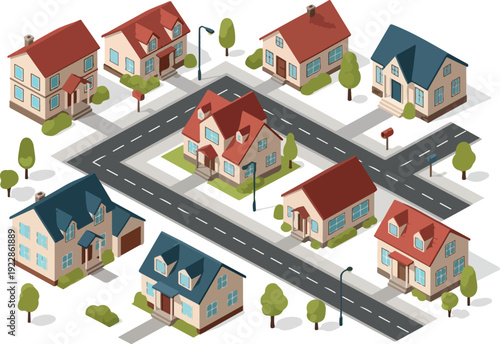 Overhead view of a neighborhood with houses and streets in a suburban environment with trees and lawns