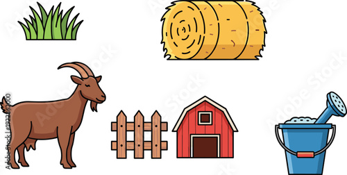 Farm Life Vector Set with Brown Goat Hay Bale Red Barn Wooden Fence and Watering Bucket Isolated on White Background