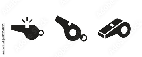 Whistle icon set isolated on white background sports referee coaching signal symbols
